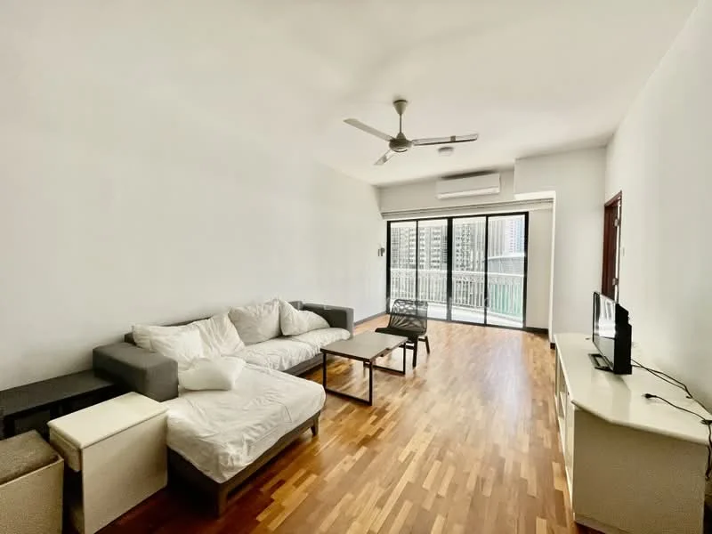 Living features: 3-seater fabric sofa in white, 2-seater fabric sofa in grey, wooden coffee table, TV console, wall-mounted TV, ceiling fan, wooden flooring, floor-to-ceiling sliding glass doors, balcony access, air conditioning unit; style: modern; view: city.