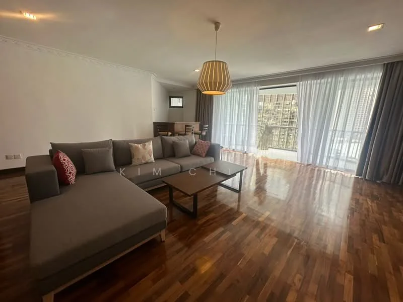 Living features: L-shape sectional sofa in grey, wooden coffee table, hardwood flooring, floor-to-ceiling windows, sheer curtains, blackout curtains, recessed downlights, decorative pendant light, wall-mounted TV, area rug with geometric pattern; style: modern; view: city.