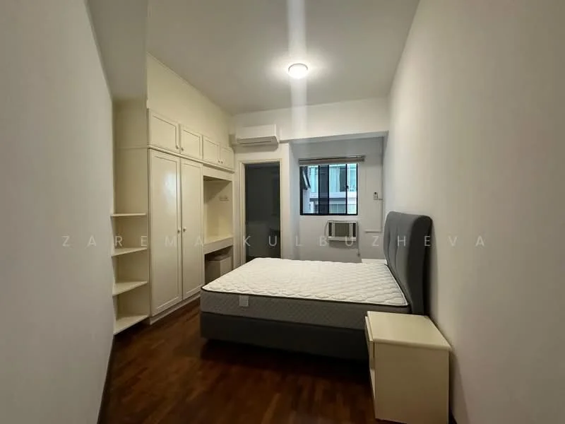 Bedroom features: queen-size bed, upholstered headboard, built-in wardrobe, white painted walls, wooden flooring, window with view, air conditioning unit, nightstand, ceiling light fixture; style: modern.