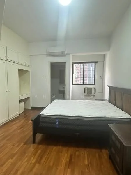 Bedroom features: queen-size bed, wooden bed frame, built-in wardrobe with sliding doors, study desk with chair, wooden flooring, window with city view, wall-mounted air conditioning unit, nightstand, light fixture on ceiling; style: modern; view: city.