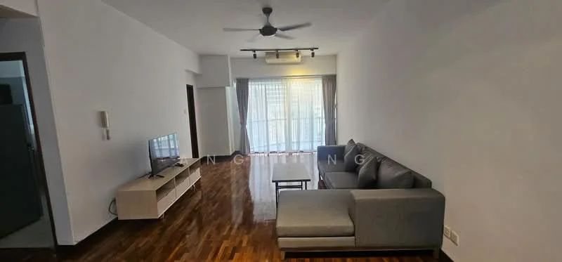 Living features: 3-seater fabric sofa in grey, L-shape sectional sofa, coffee table, TV console, wall-mounted TV, wooden flooring, ceiling fan, floor-to-ceiling windows with sheer curtains, sliding glass door leading to balcony, decorative wall art; style: modern.
