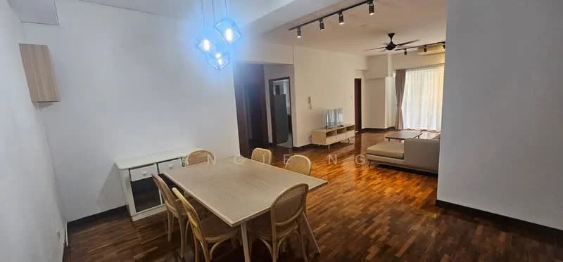 Dining features: wooden dining table, 4 rattan dining chairs, white sideboard, wooden flooring, pendant light fixture, recessed ceiling lights, open layout to living area, large windows with sheer curtains; style: modern. Living features: sofa in light color, coffee table, TV console, wooden flooring, ceiling fan, large windows with sheer curtains, open layout to dining area; style: modern.