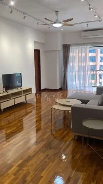 Living features: wooden flooring, 5-blade ceiling fan with integrated LED light, wall-mounted TV, TV console, sofa in light grey fabric, round coffee table, floor-to-ceiling windows with sheer curtains, sliding glass door leading to balcony, air conditioning unit; style: modern; view: city.