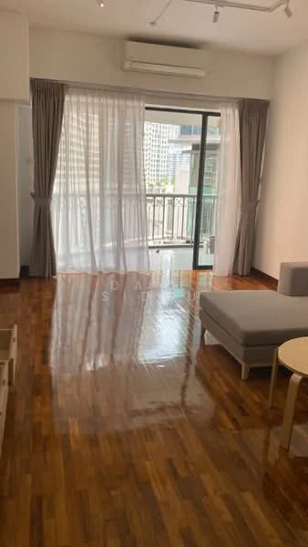 Living features: wooden flooring, floor-to-ceiling windows, sliding glass door, sheer curtains, grey fabric sofa, round coffee table, air conditioning unit, recessed downlights; style: modern; view: city.