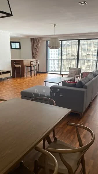 Living features: large floor-to-ceiling windows, wooden flooring, L-shape sectional sofa in grey, coffee table, TV console, wall-mounted TV, area rug, decorative cushions, recessed downlights, ceiling pendant light; style: modern; view: city. Dining features: 6-seater dining table, wooden dining chairs, open layout, natural light from windows; style: modern; view: city.