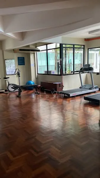Room features: wood parquet flooring, large windows with natural light, treadmill, exercise bike, blue exercise ball, weight bench, mirrored wall, ceiling with exposed beams; style: modern; view: garden.