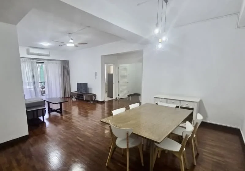 Living features: dark wood flooring, white painted walls, 5-blade ceiling fan with light, recessed downlights, floor-to-ceiling windows with sheer curtains, TV console, wall-mounted TV, sofa, coffee table, dining table with 6 chairs, decorative light fixtures; style: modern; view: garden.