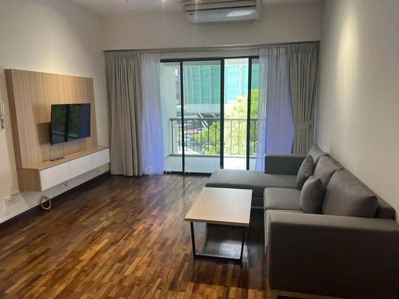 Living features: grey fabric sofa, wooden coffee table, wall-mounted TV, light wood TV console, floor-to-ceiling windows, curtains, air conditioning unit, wooden flooring; style: modern; view: city.