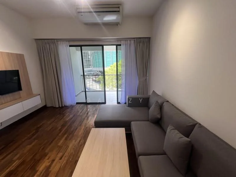Living features: grey fabric sectional sofa, light wood coffee table, wall-mounted TV, white media console, floor-to-ceiling sliding glass door, sheer curtains, wooden flooring, wall-mounted split AC, decorative wall paneling; style: modern; view: city.