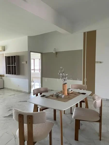 Dining features: marble tile flooring, white painted walls, accent wall with beige panel, round dining table, wooden dining chairs with upholstered seats, decorative vase on table, wall-mounted sconce, open shelving unit in background; style: modern.
