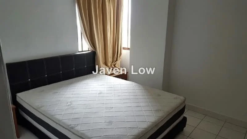 Bedroom features: queen-size bed, upholstered headboard, two windows with sheer curtains, light-coloured walls, tiled flooring, no visible decor, minimalist design; style: minimalist.