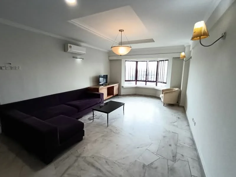 Living features: purple fabric sectional sofa, black coffee table, wooden TV console, flat-screen TV, marble flooring, recessed ceiling lights, 2 wall-mounted sconces, large bay window with multiple panes, air conditioning unit; style: modern.