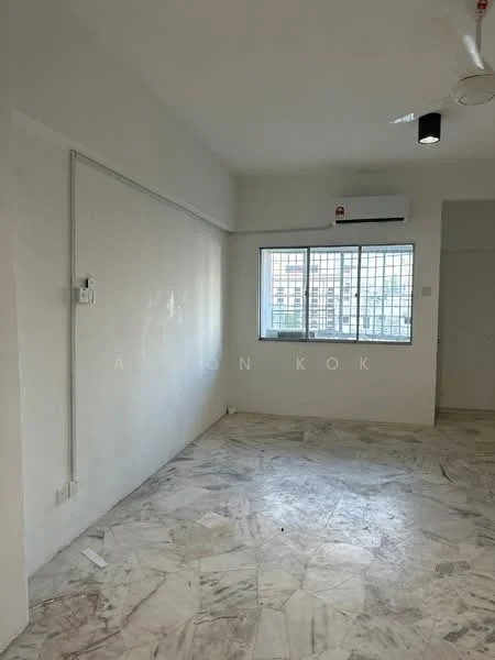 Room features: white painted walls, marble flooring, 1 wall-mounted split AC, ceiling fan, large window with grid pattern, neutral color scheme, light fixture on ceiling; style: modern; view: city.