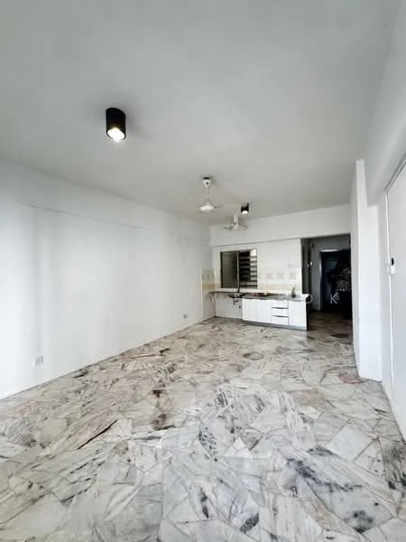 Room features: white painted walls, marble flooring, 2 ceiling fans, 1 light fixture, kitchen cabinetry, kitchen countertop, open layout, window with view to hallway; style: minimalist.