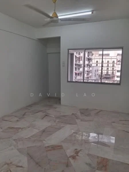 Room features: white painted walls, marble flooring, ceiling fan, large window, natural light, built-in wardrobe, light fixture, neutral color scheme; style: modern; view: city.