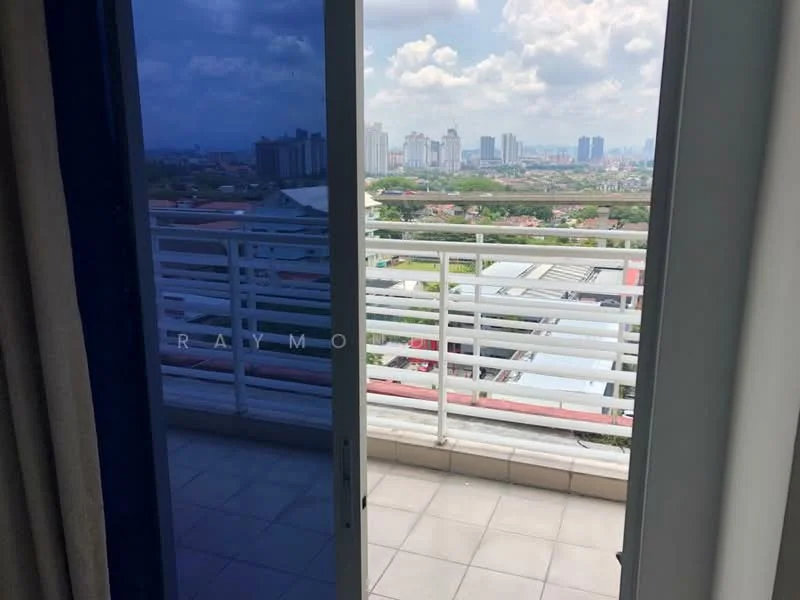 Room features: sliding glass door, balcony, city view, grey tiled flooring, railing, white walls, curtains; view: city.