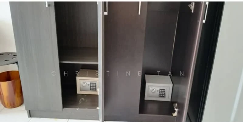 Room features: dark wood cabinetry, two compartments, built-in safe with keypad, open shelving, metallic finish on safe, floor tiles, minimalist design, interior lighting; style: modern.