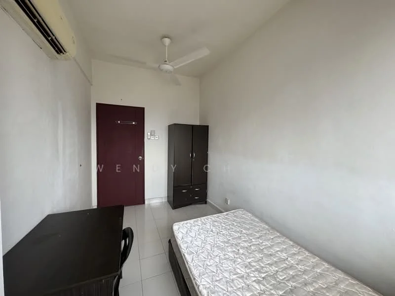 Bedroom features: white painted walls, white tiled flooring, single bed frame, mattress, black study desk, black chair, built-in wardrobe, ceiling fan, wall-mounted air conditioning unit, closed door, window with no visible treatment; style: minimalist.