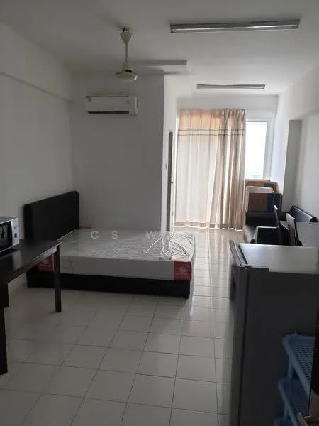 Room features: white painted walls, tile flooring, 1 ceiling fan, 1 wall-mounted split AC, large window with sheer curtains, double bed with dark wood headboard, wooden dining table, black leather sofa, microwave, refrigerator; style: modern.