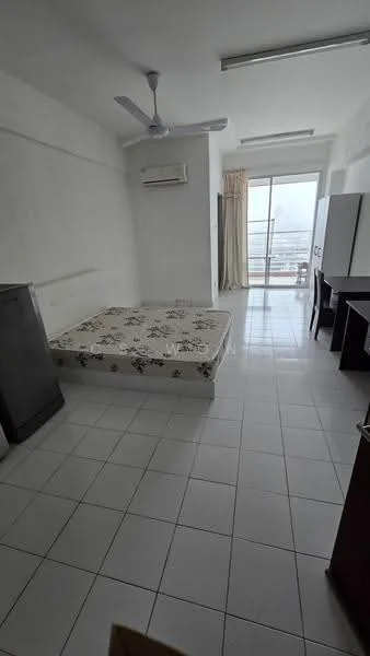 Bedroom features: white painted walls, tiled flooring, 5-blade ceiling fan, wall-mounted split AC, floor-to-ceiling windows, sliding glass door, curtains, queen-size bed base without mattress, wooden wardrobe, study desk, chair; style: minimalist; view: city.