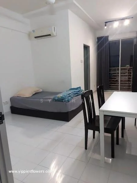 Room features: white painted walls, white tiled flooring, single bed with mattress, blue blanket on bed, 2 black dining chairs, white dining table, 1 wall-mounted split AC, sliding glass door, grey curtains; style: modern.