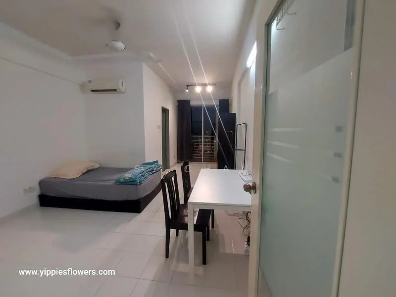 Room features: queen-size bed with beige bedding, white walls, white tiled flooring, 1 wall-mounted split AC, 5-blade ceiling fan, study desk with chair, black wardrobe, recessed lighting, large window with sheer curtains; style: modern.