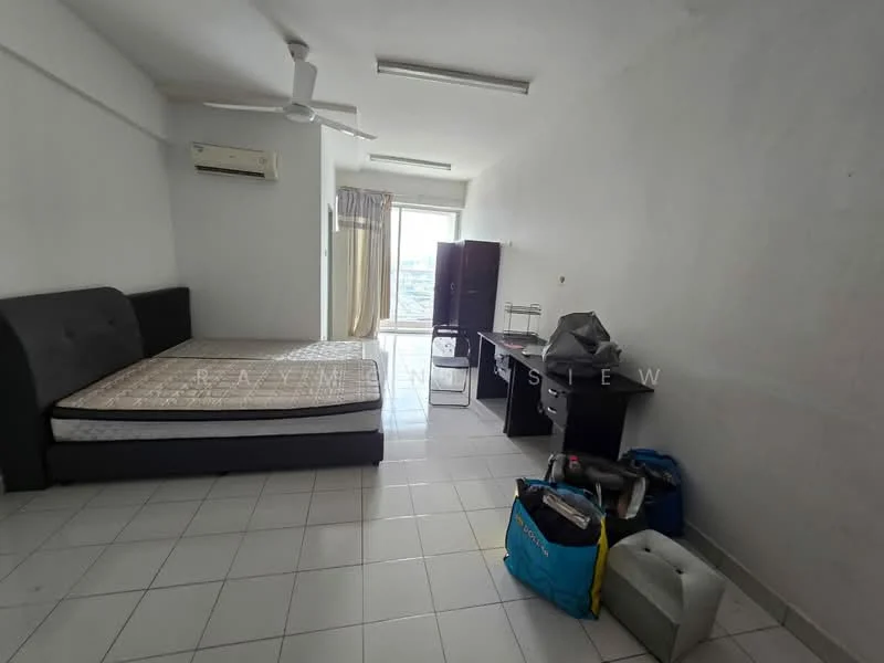 Bedroom features: queen-size bed, upholstered headboard, white walls, ceiling fan, floor-to-ceiling window, curtains, tile flooring, built-in wardrobe, study desk, chair, storage boxes; view: city.
