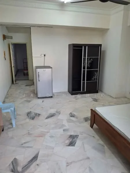 Room features: marble flooring, white painted walls, ceiling fan, single-door fridge, wooden bed frame, black storage cabinet with glass doors, plastic chair, window with natural light; style: minimalist.