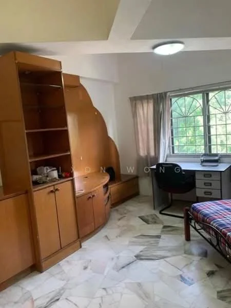 Bedroom features: marble flooring, built-in wooden wardrobe, curtains on window, desk with chair, single bed with checkered bedding, shelf unit, ceiling light, large window with grid pattern; view: garden.