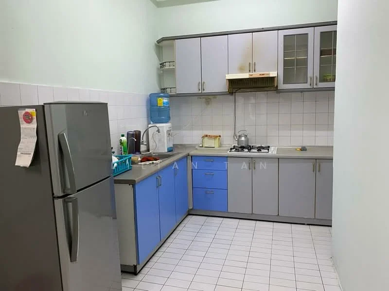 Kitchen features: grey and blue cabinetry, stainless-steel fridge, built-in gas hob, exhaust hood, white tiled backsplash, white tiled flooring, water dispenser, kitchen sink, countertop with storage, wall-mounted cabinets, open shelving; style: modern.