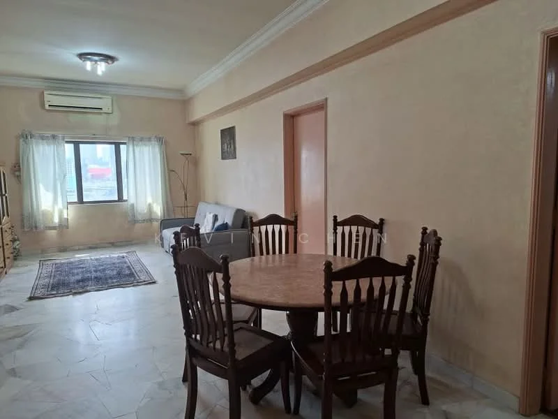 Dining features: round marble dining table, 6 wooden dining chairs, cream painted walls, marble flooring, ceiling with crown moulding, wall-mounted air conditioning unit, window with sheer curtains, decorative wall art, area rug with geometric pattern; style: traditional; view: city. Living features: sofa, coffee table, floor lamp, window with sheer curtains, cream painted walls, marble flooring, ceiling with crown moulding, decorative wall art; style: traditional; view: city.