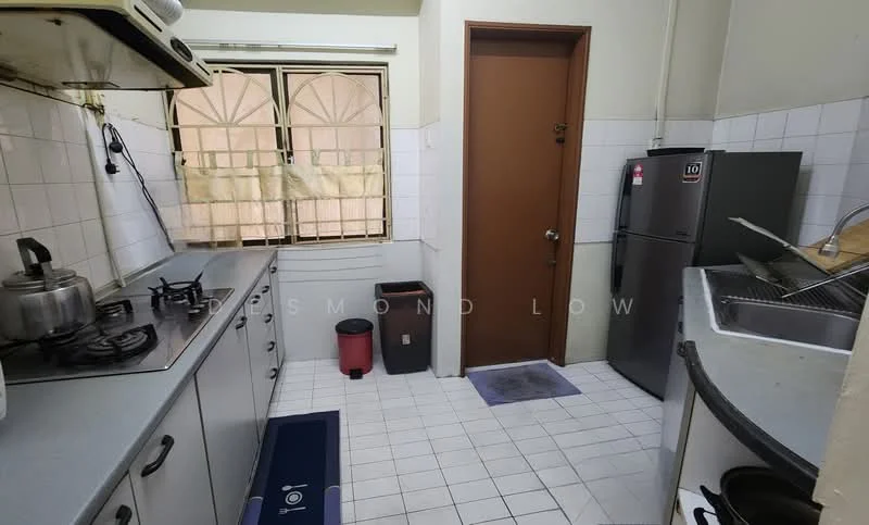 Kitchen features: white tiled walls, grey laminate countertops, stainless-steel sink, chrome pull-down faucet, 4-burner gas hob, built-in oven, stainless-steel fridge, white cabinetry, window with sheer curtains, tile flooring, kitchen mat, door to hallway.
