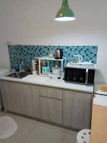 Kitchen features: single-bowl stainless-steel sink, chrome pull-down faucet, white countertop, blue mosaic tile backsplash, light wood cabinetry, microwave, electric kettle, toaster, dishwasher, white wall, tile flooring, green pendant light; style: modern.