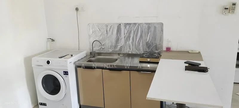 Laundry features: single-bowl stainless-steel sink, chrome pull-down faucet, grey cabinetry, white washing machine, countertop, white walls, tile flooring; style: modern.