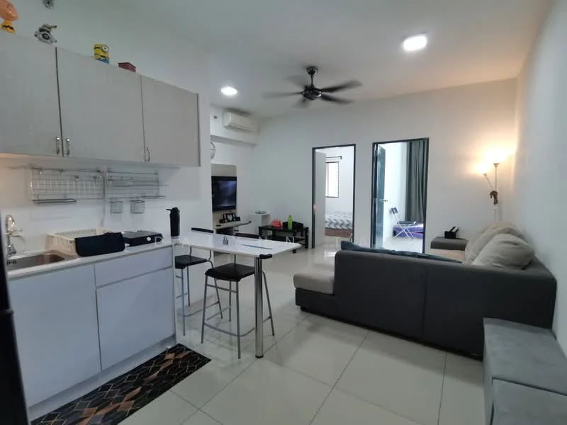 Kitchen features: white cabinetry, stainless-steel sink, chrome pull-down faucet, countertop with breakfast bar, open shelving, kitchen appliances visible; style: modern. Living features: 3-seater fabric sofa in grey, coffee table, wall-mounted TV, ceiling fan, LED ceiling lights, tile flooring; style: modern. Room features: doorway leading to another room, light-colored walls, window with natural light.