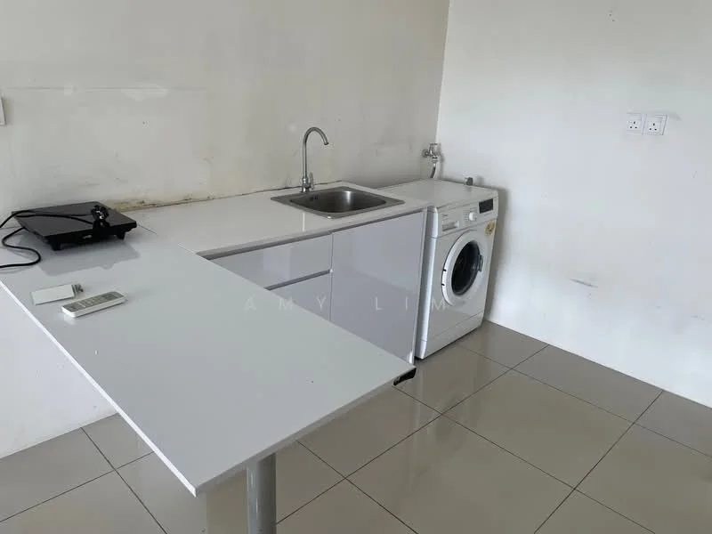 Laundry features: white cabinetry, single-bowl stainless-steel sink, chrome pull-down faucet, front-load washing machine, white countertop, white tiled flooring, wall-mounted electrical outlets, minimalist design; style: modern.