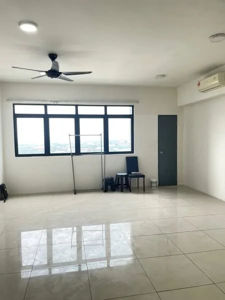 Room features: white painted walls, polished ceramic tile flooring, 5-blade ceiling fan, floor-to-ceiling windows, air conditioning unit, single door, chair, empty space; style: modern; view: city.