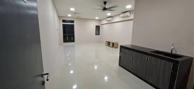 Living features: polished ceramic tile flooring, white painted walls, 5-blade ceiling fan with light, 2 wall-mounted split ACs, large window with view to outside, black countertop with sink, dark wood cabinetry, open layout, recessed LED downlights, TV console area; style: modern.