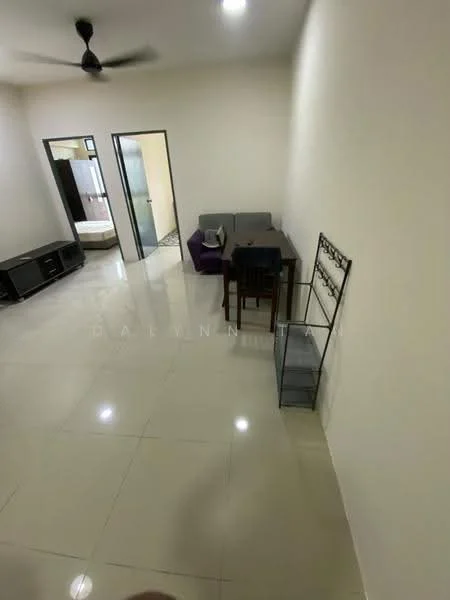 Living features: cream painted walls, glossy tile flooring, 5-blade ceiling fan, sofa in grey, purple accent chair, wooden dining table, 4 dining chairs, TV console, decorative shelving unit; style: modern.