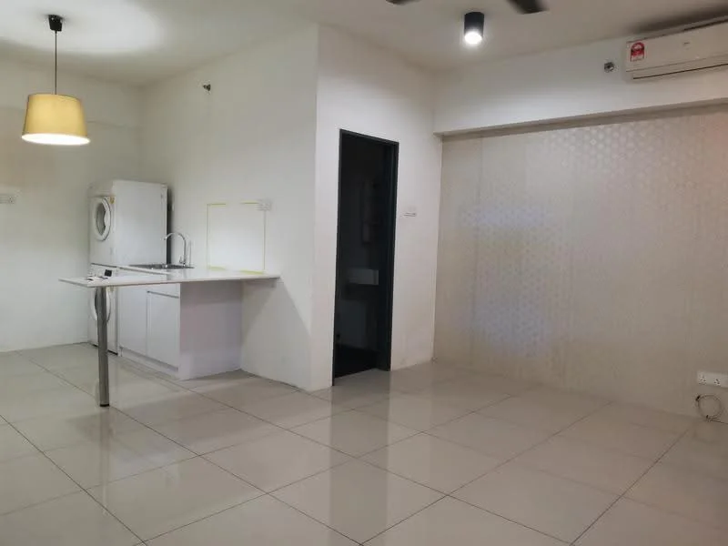 Living features: white walls, glossy ceramic tile flooring, recessed downlights, ceiling fan, air conditioning unit, kitchenette with countertop, single-bowl stainless-steel sink, washing machine, black door, decorative wall panel, open layout; style: modern.