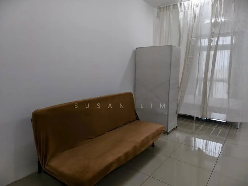 Room features: brown fabric sofa, white painted walls, glossy tile flooring, sheer curtains, large window, white cabinet; style: modern.