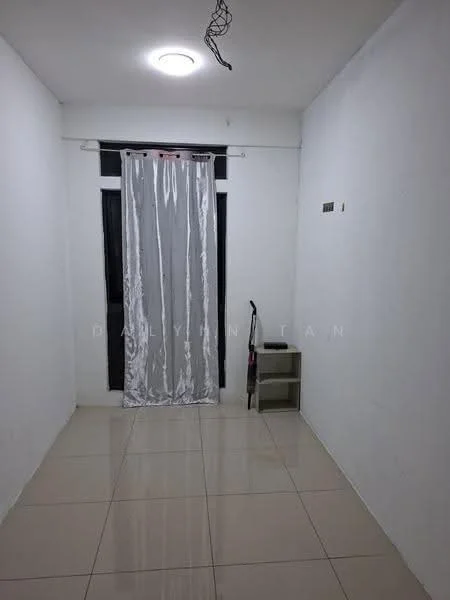 Room features: white painted walls, glossy ceramic tile flooring, ceiling light fixture, black window frame, sheer curtains, small shelving unit, clean and minimal decor; style: minimalist.