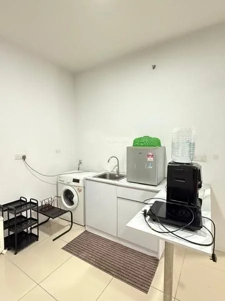 Kitchen features: white cabinetry, single-bowl stainless-steel sink, chrome pull-down faucet, built-in washing machine, countertop with white surface, black countertop appliance, water dispenser, kitchen mat, tile flooring, open shelving, small kitchen cart; style: modern.
