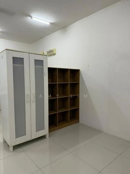 Room features: white painted walls, glossy tile flooring, built-in wardrobe with glass doors, open shelving unit, 1 wall-mounted split AC.