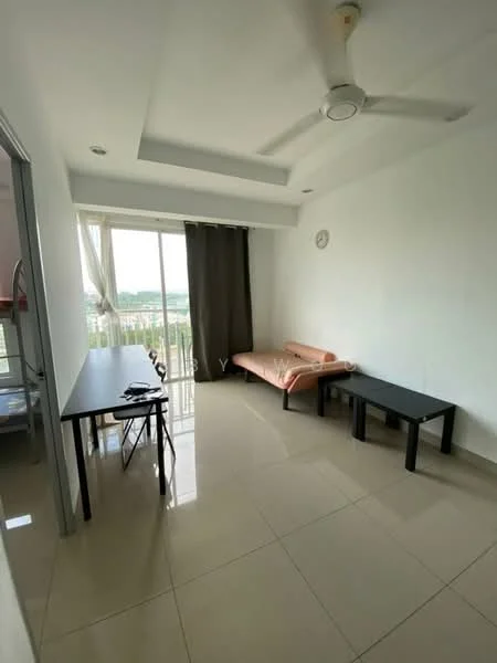 Living features: cream painted walls, white ceiling, 5-blade ceiling fan, large sliding glass door, floor-to-ceiling windows, grey tiled flooring, sofa in light pink, black coffee table, black dining table with chairs, curtains, wall clock; style: modern; view: city.