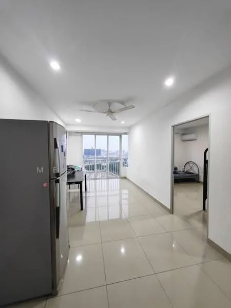 Kitchen features: stainless-steel fridge, white walls, glossy tile flooring, ceiling fan, recessed LED downlights, open layout, floor-to-ceiling windows, city view; style: modern; view: city. Living features: glossy tile flooring, white walls, ceiling fan, recessed LED downlights, floor-to-ceiling windows, open layout, dining table, chairs; style: modern; view: city. Bedroom features: white walls, glossy tile flooring, air conditioning unit, single bed, bunk bed, window; style: modern.