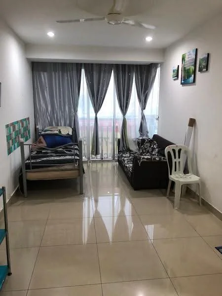 Room features: white painted walls, glossy tile flooring, floor-to-ceiling windows, sheer curtains, grey curtains, single bed with bedding, black and white patterned sofa, plastic chair, small shelving unit, decorative wall art; style: modern; view: city.