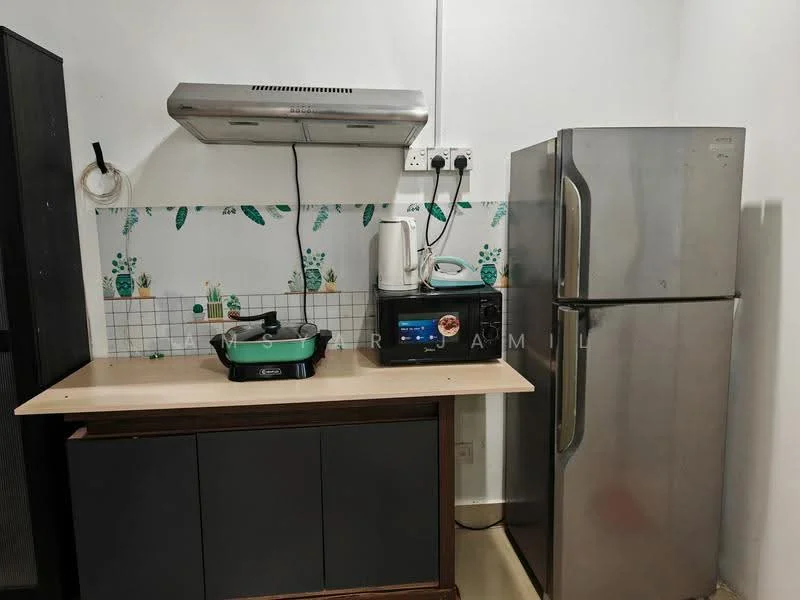 Kitchen features: stainless-steel fridge, built-in oven, stainless-steel range hood, ceramic cooktop, laminate countertop, grey cabinetry, tiled backsplash with floral pattern, wall-mounted electrical outlets; style: modern.