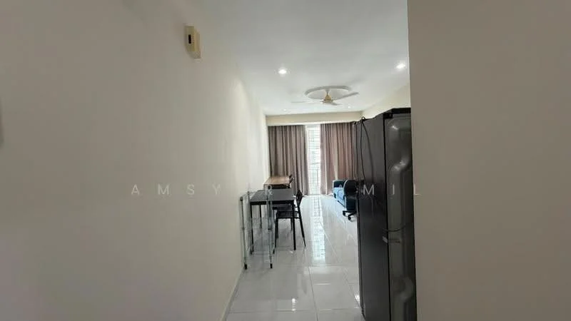 Room features: white painted walls, glossy tile flooring, 5-blade ceiling fan, large windows with sheer curtains, dining table, chairs, refrigerator; style: modern.