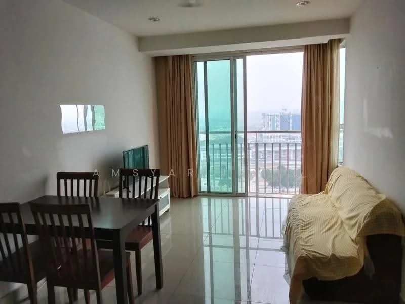 Living features: floor-to-ceiling windows, curtains, grey fabric sofa with throw, wooden dining table with four chairs, TV console, wall-mounted TV, ceramic tile flooring, white painted walls, recessed downlights; style: modern; view: city.